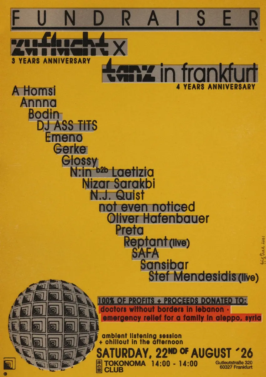 FUNDRAISER (4 roky Tanz in Frankfurt x 3 roky Zuflucht) — Tokonoma Club, Frankfurt nad Mohanem