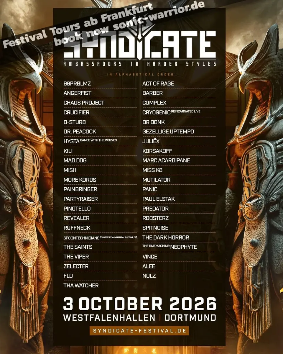 Bus zum Syndicate Festival 2026 (Hardcore) — P36 Terminal 1 Busparkplatz  / Sonic-Warrior Festival Tours Abfahrt, Frankfurt nad Menem