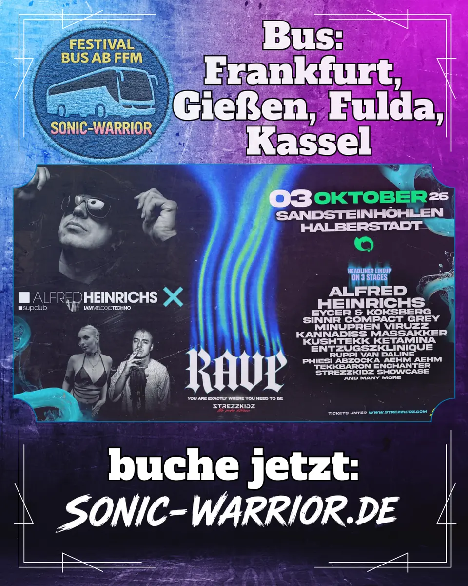 Bus zur Kult Location Sandsteinhöhlen Halberstadt (Tekk mit Alfred Heinrichs) — P36 Terminal 1 Busparkplatz / Sonic-Warrior Festival Tours Abfahrt, Frankfurt