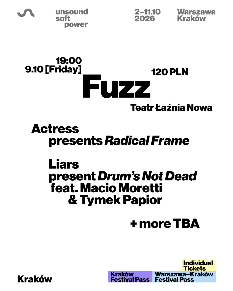 Unsound Краков 2026: FUZZ - Actress / Liars feat. Macio Moretti & Tymek Papior + more — Teatr Łaźnia Nowa, Краков