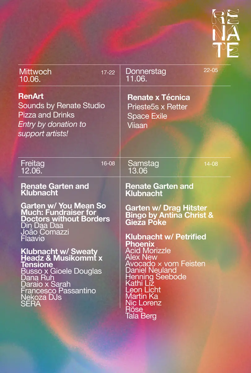 Renate Klubnacht & Open Air (Wstęp wolny) z Sweaty Headz, Musikommt & Tensione — Renate, Berlin