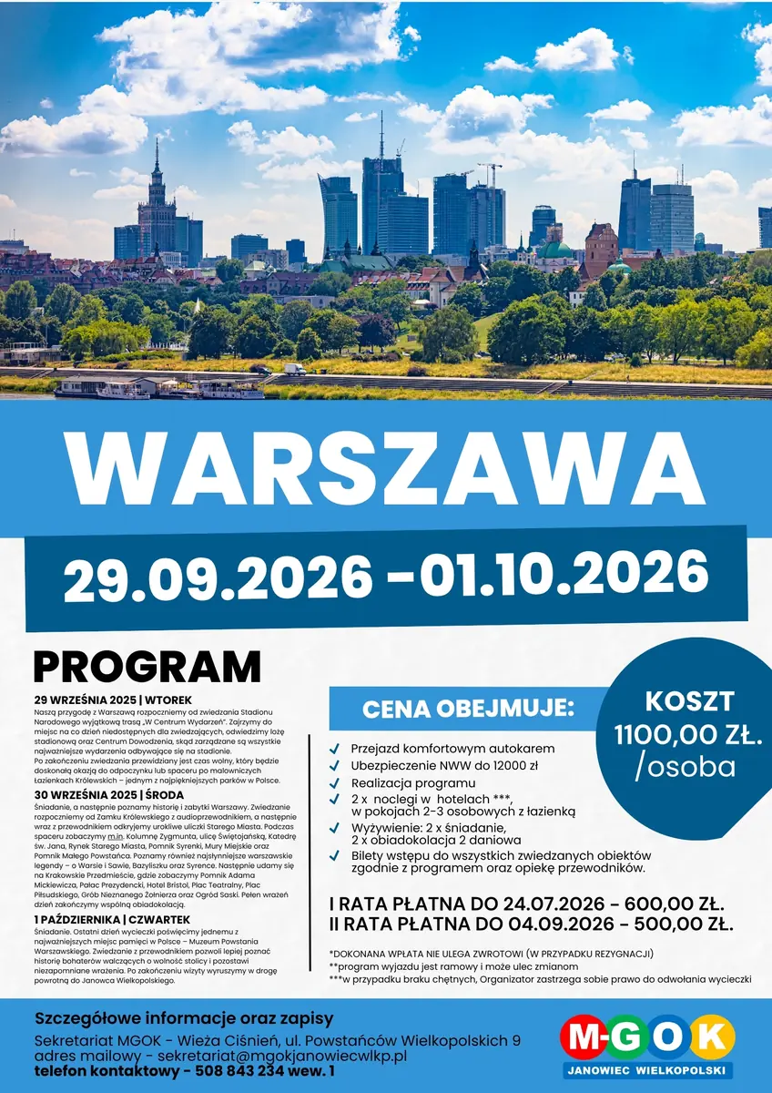 DREITÄGIGE REISE NACH WARSCHAU / 29.09.2026 - 01.10.2026 — Miejsko-Gminny Ośrodek Kultury w Janowcu Wielkopolskim, Janowiec Wielkopolski