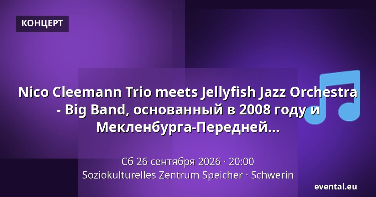 Nico Cleemann Trio meets Jellyfish Jazz Orchestra - Big Band, основанный в 2008 году и состоящий из примерно 20 музыкантов из Мекленбурга-Передней Померании — Soziokulturelles Zentrum Speicher, Schwerin